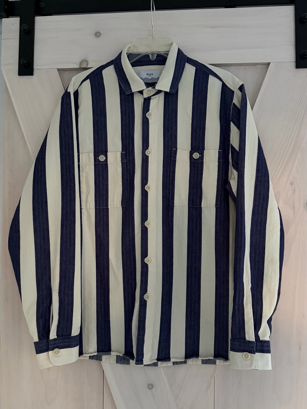 Wax London Striped Mid-weight Shirt Jacket in Navy and Cream Logenlook